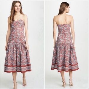 Veronica Beard Fiore Red and White Strapless Midi Linen Blend Dress Size 10